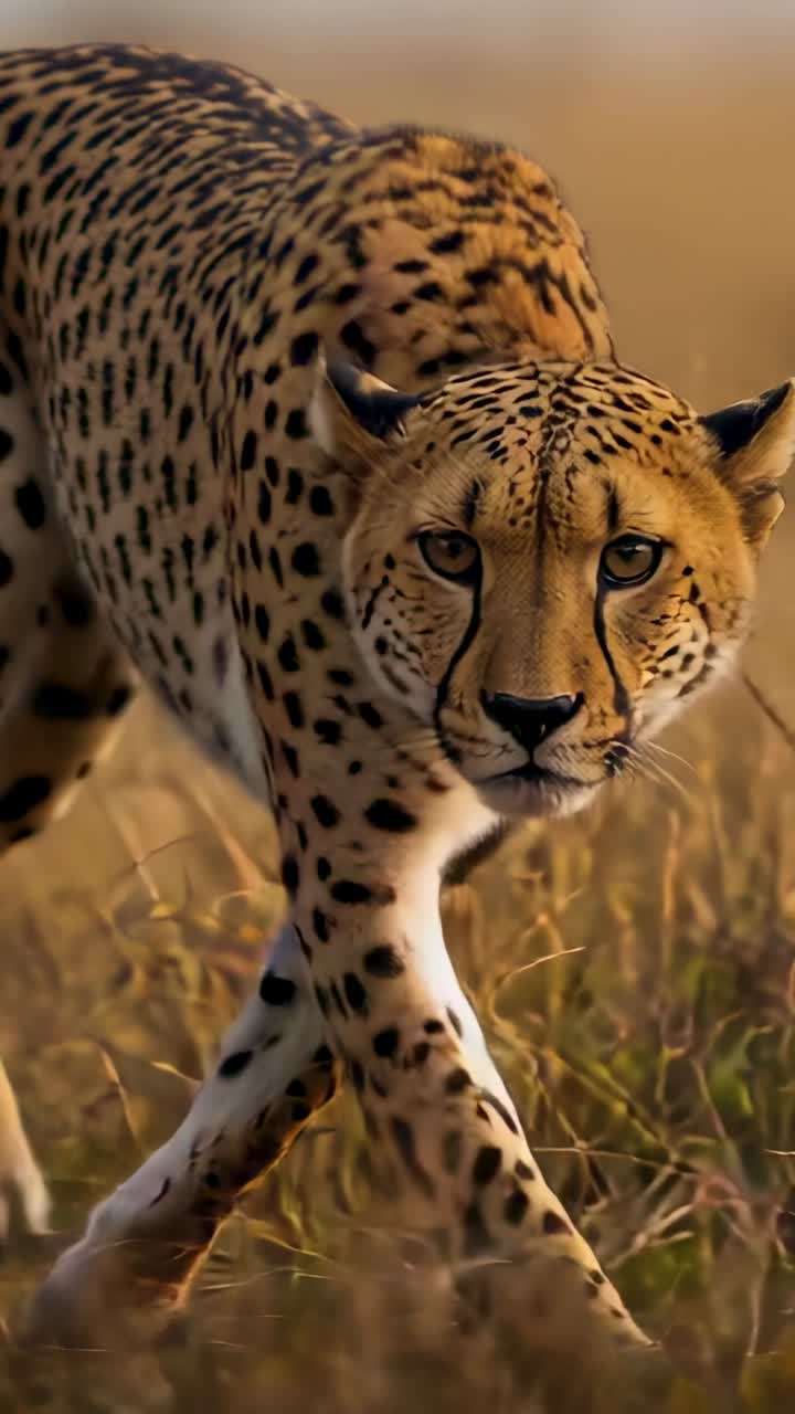 Vertical video: Vertical camera recording, cheetah moving toward lens across dry grass, low horizon