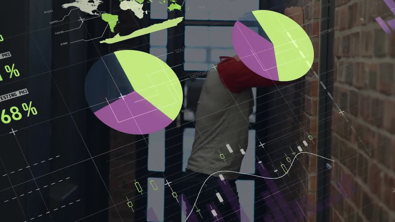animación del procesamiento de datos estadísticos sobre un hombre caucásico estresado apoyado contra la pared en la oficina