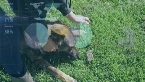 dog handler kneeling, holding german shepherd head on grass, showing digital health charts