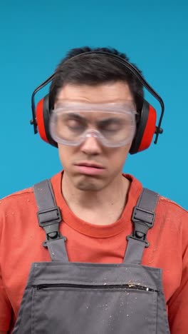 man in safety gear covered in sawdust