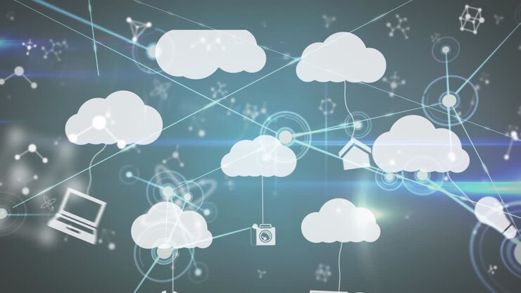 Animation of digital clouds with icons and network of connections