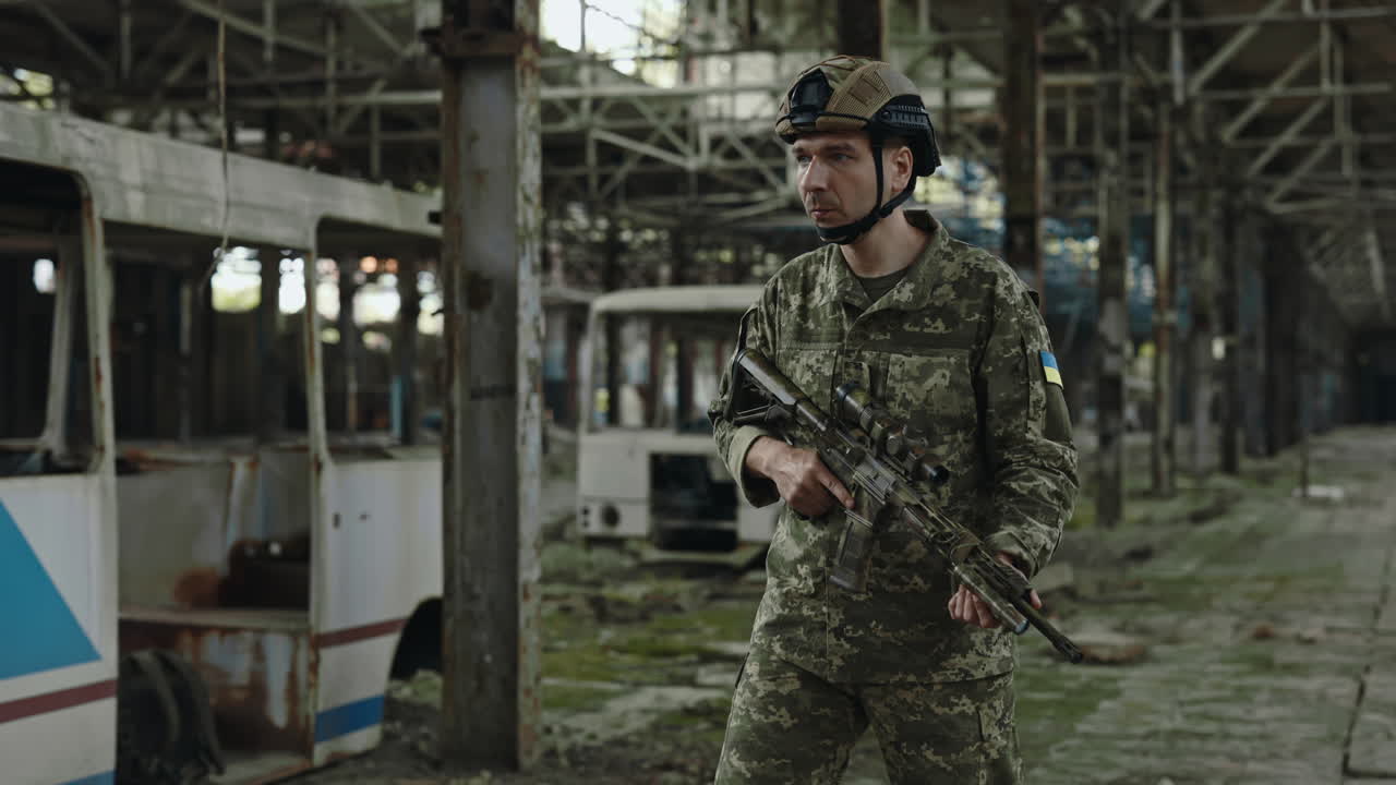 Soldier in a Destroyed Factory