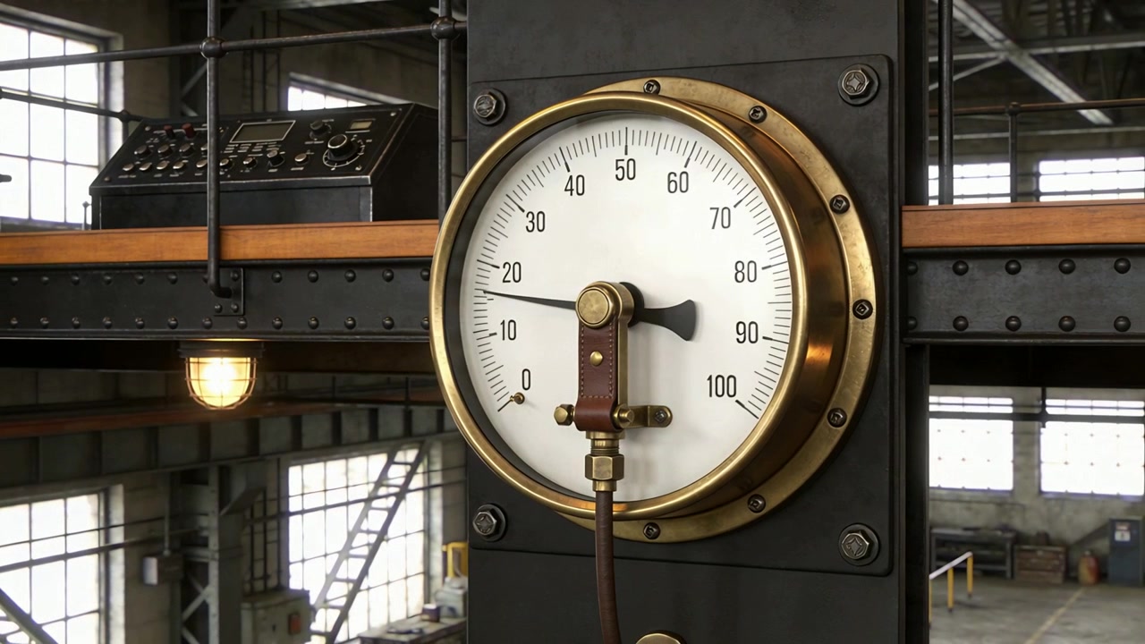 Showing brass rim pressure gauge swinging down from pressure drop in workshop with tube, copy space