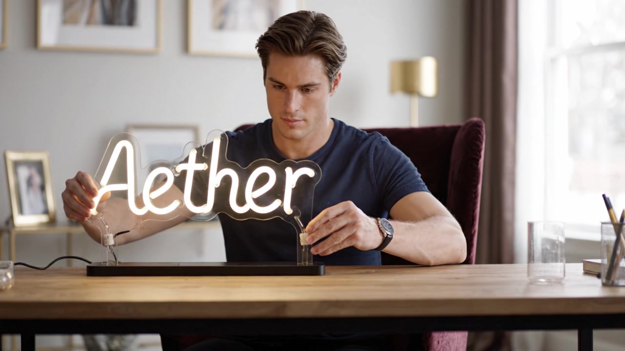 En ung mand justerer forsigtigt et neonlysskilt, der staver 'Aether', på en moderne arbejdsplads, udvisende fokus og kunstnerisk udtryk.
