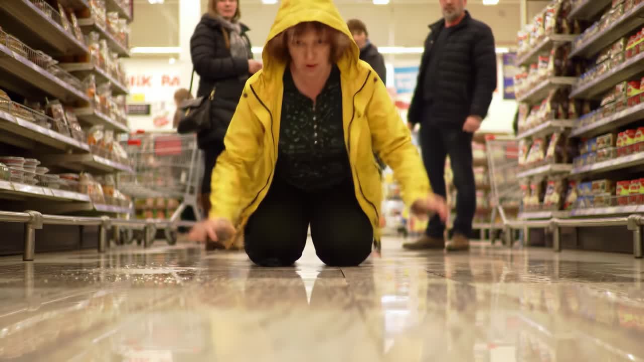 A Shopper's Misstep: Capturing the Moment When a Yellow-Coated Woman Struggles on the Wet Floor of a Grocery Store Amidst Other Customers