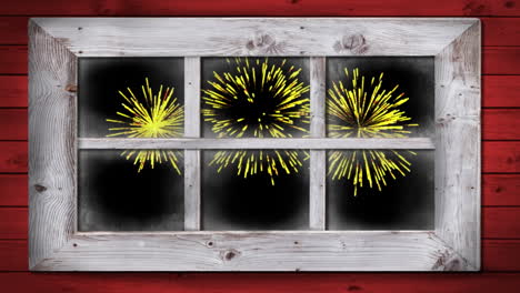 animación de la ventana con navidad amarilla y fuegos artificiales de año nuevo explotando en el cielo nocturno