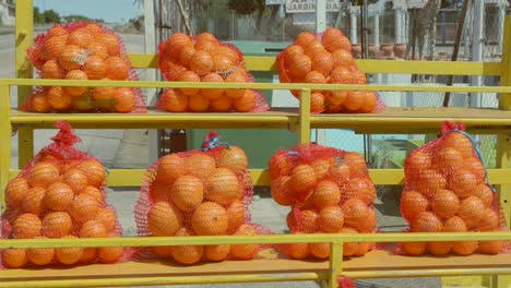 Mandarinas-Frescas-En-Bolsas-De-Red-A-La-Venta-En-Un-Puesto-De-Frutas-Al-Borde-De-La-Carretera-En-España