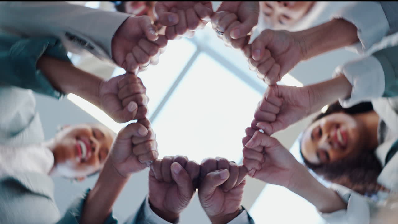 manos en círculo, puñetazos y gente de negocios