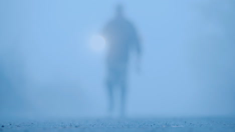 blurred silhouette of a man in the fog with a bloody ax with an ax and a flashlight