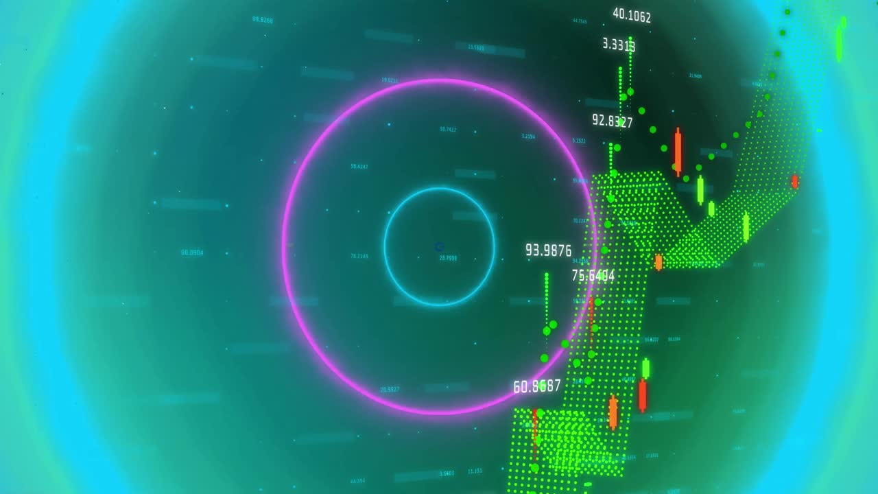 animación de círculos de neón sobre datos financieros en fondo verde