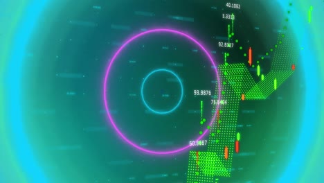 Animation-of-neon-circles-over-financial-data-on-green-background