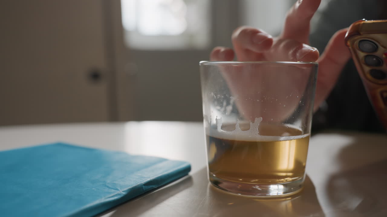 Persona che fa multitasking con una bevanda vicina. Un individuo si dedica al multitasking casuale accanto a bevande e dispositivi elettronici. Ambiente rilassato dove qualcuno usa la tecnologia mentre si gode una bevanda fredda.