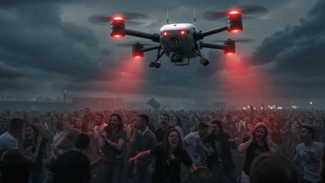 an unforgettable experience: a drone capturing the excitement of a festival crowd amidst dramatic skies and intense lighting effects