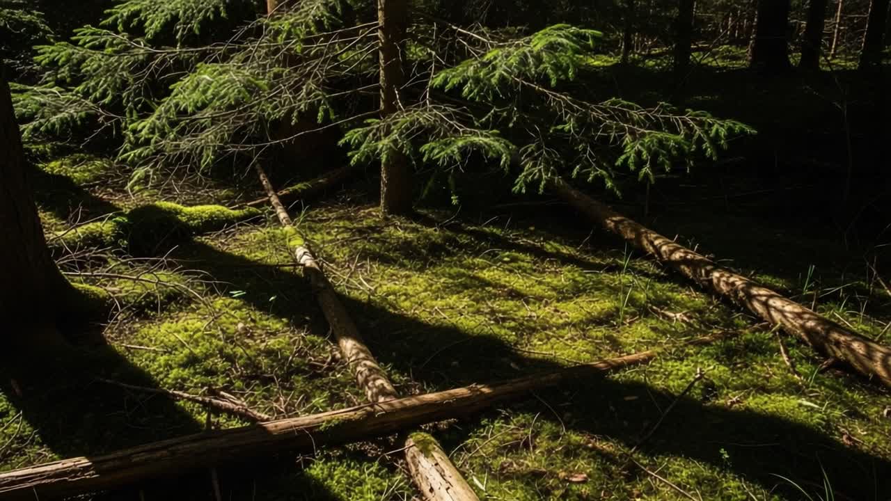 Sunlit Mossy Forest Floor with Fallen Trees