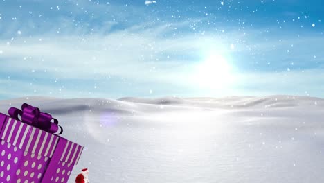 Animation-Des-Weihnachtsmanns,-Der-Ein-Riesiges-Weihnachtsgeschenk-Trägt-Und-In-Der-Winterlandschaft-Schnee-Fällt