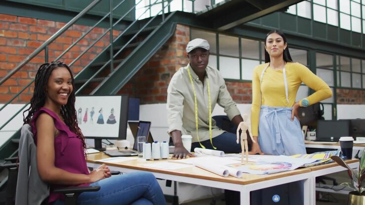 Fashion designers posing in studio starting social icons cascading over designs showing feedback
