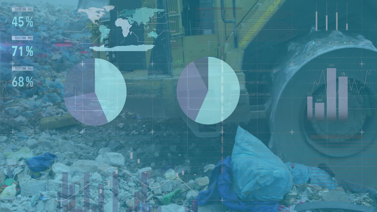 하늘의 새들과 함께 쓰레기 매립장에서 일하는 불도저에 대한 통계 데이터 처리