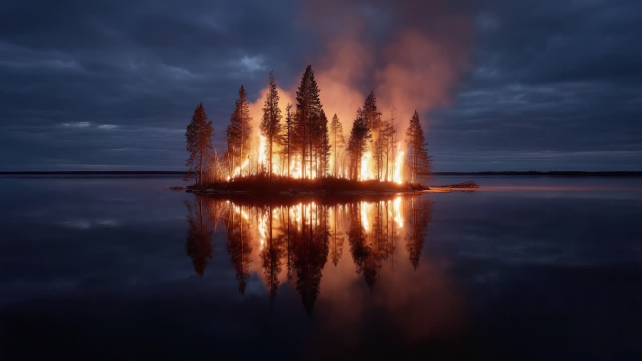 Dramatic Display of Nature's Fury: A Fiery Island Surrounded by Water and Reflections Against a Moody Sky