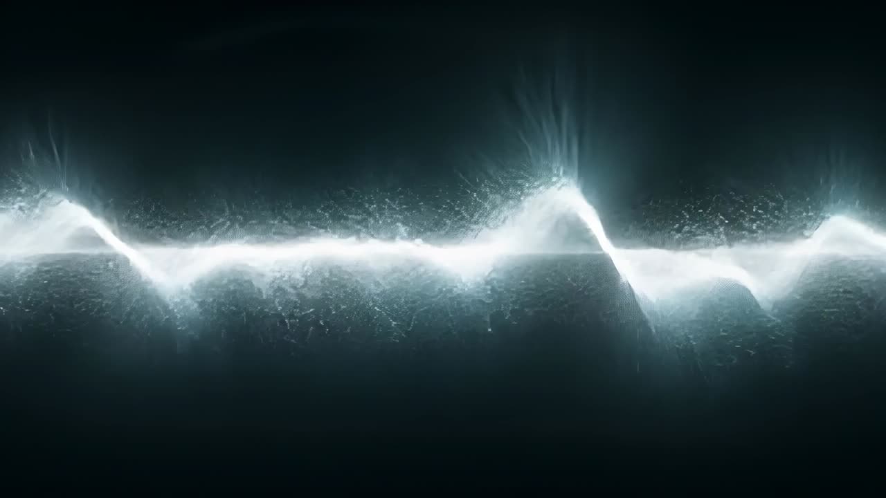 Starting on black void, glowing waveform shifting and emitting sparks, visualizing energy pulses