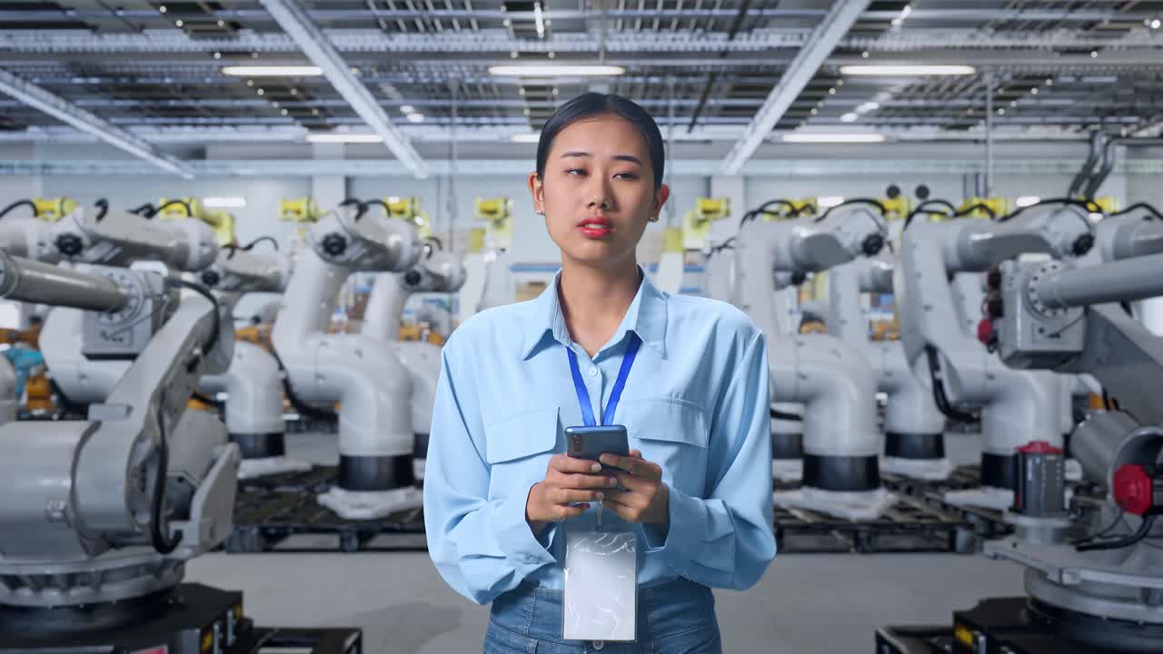 mujer usando un teléfono inteligente en una fábrica moderna con brazos robóticos