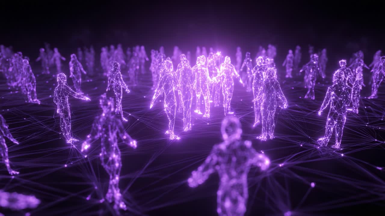 A captivating visual representation of connectivity and interaction among digital human figures, depicted through innovative patterns of light and energy in a mesmerizing virtual landscape, illustrating the essence of communication and collaboration