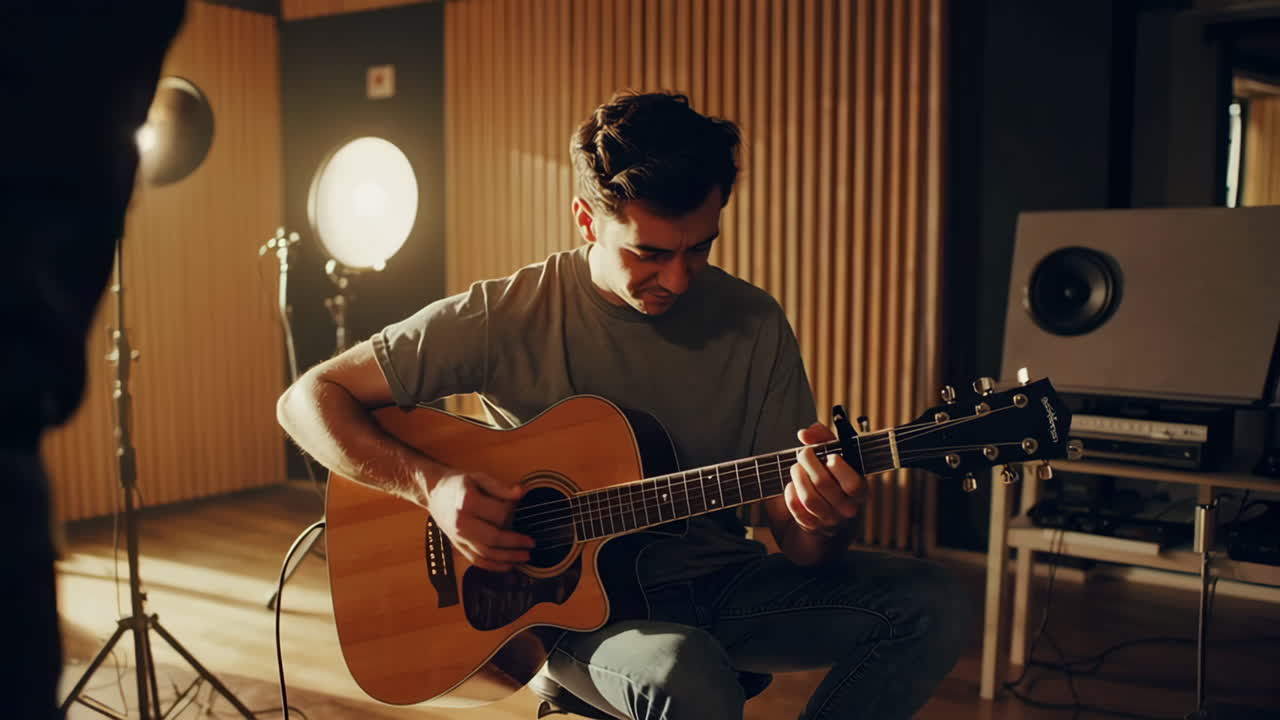 Man playing acoustic guitar in a recording studio