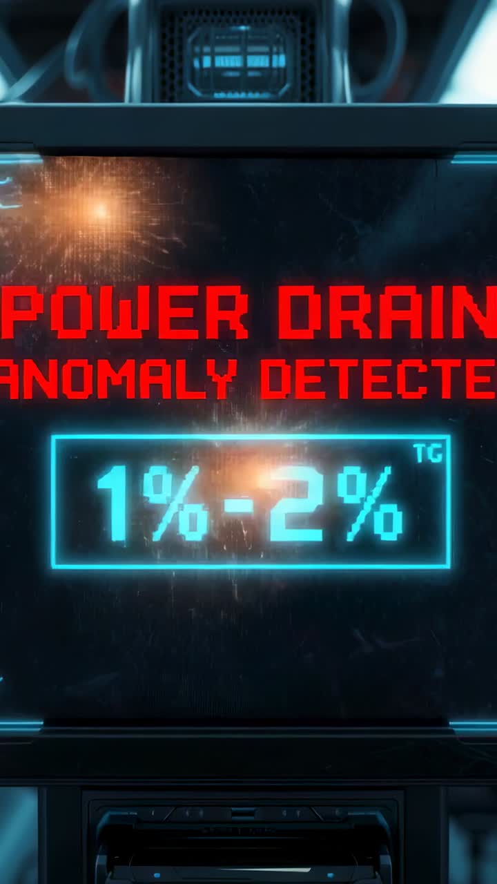 Video verticale: Il display principale mostra la scritta lampeggiante "POWER DRAIN" (consumo energetico) su un'anomalia nel rack, evidenziando l'1%-2%.