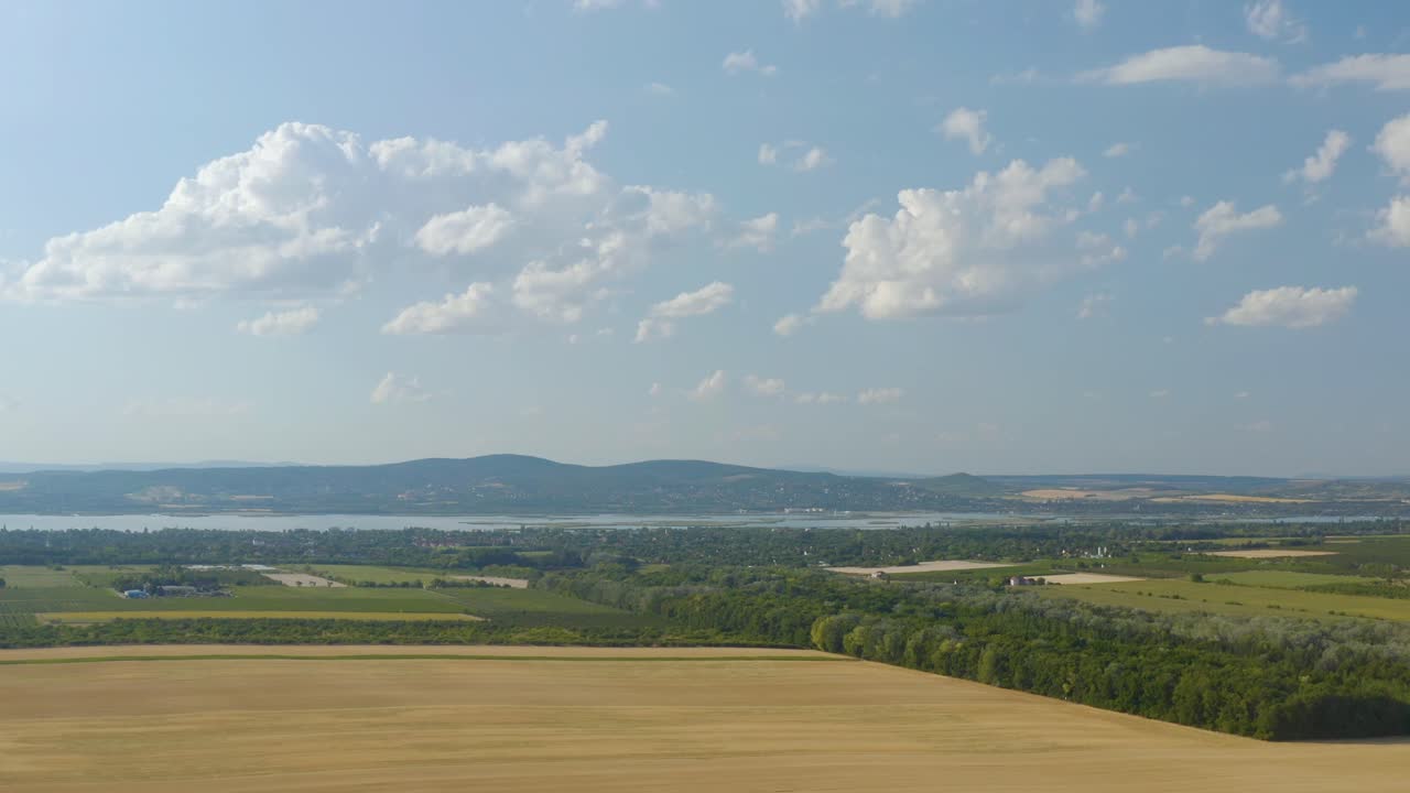 Beautiful Aerial Shot of Rural Hungary Countryside Fields near Lake Velencei drone