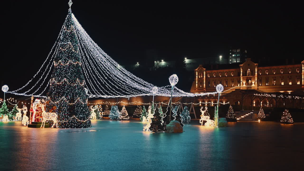 Decorations at the Christmas market in Chisinau, Moldova at night