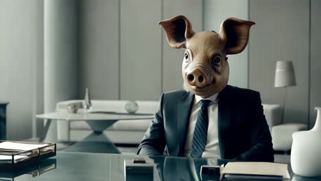 businessman with pig mask in office