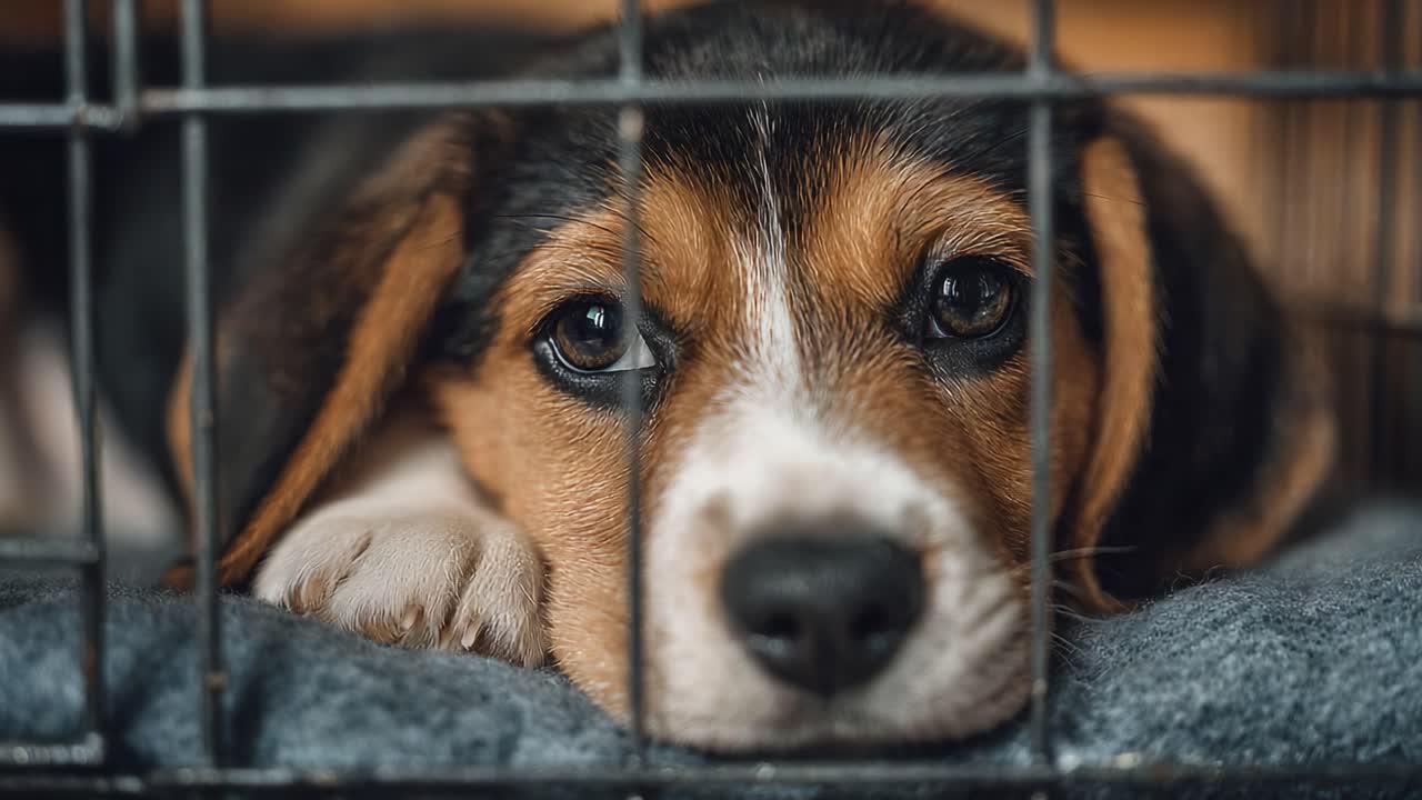 Eine herzerwärmende Nahaufnahme eines Beagle-Welpen, der in einem Käfig liegt und Gefühle von Einsamkeit und Hoffnung durch seine großen, melancholischen Augen ausdrückt.