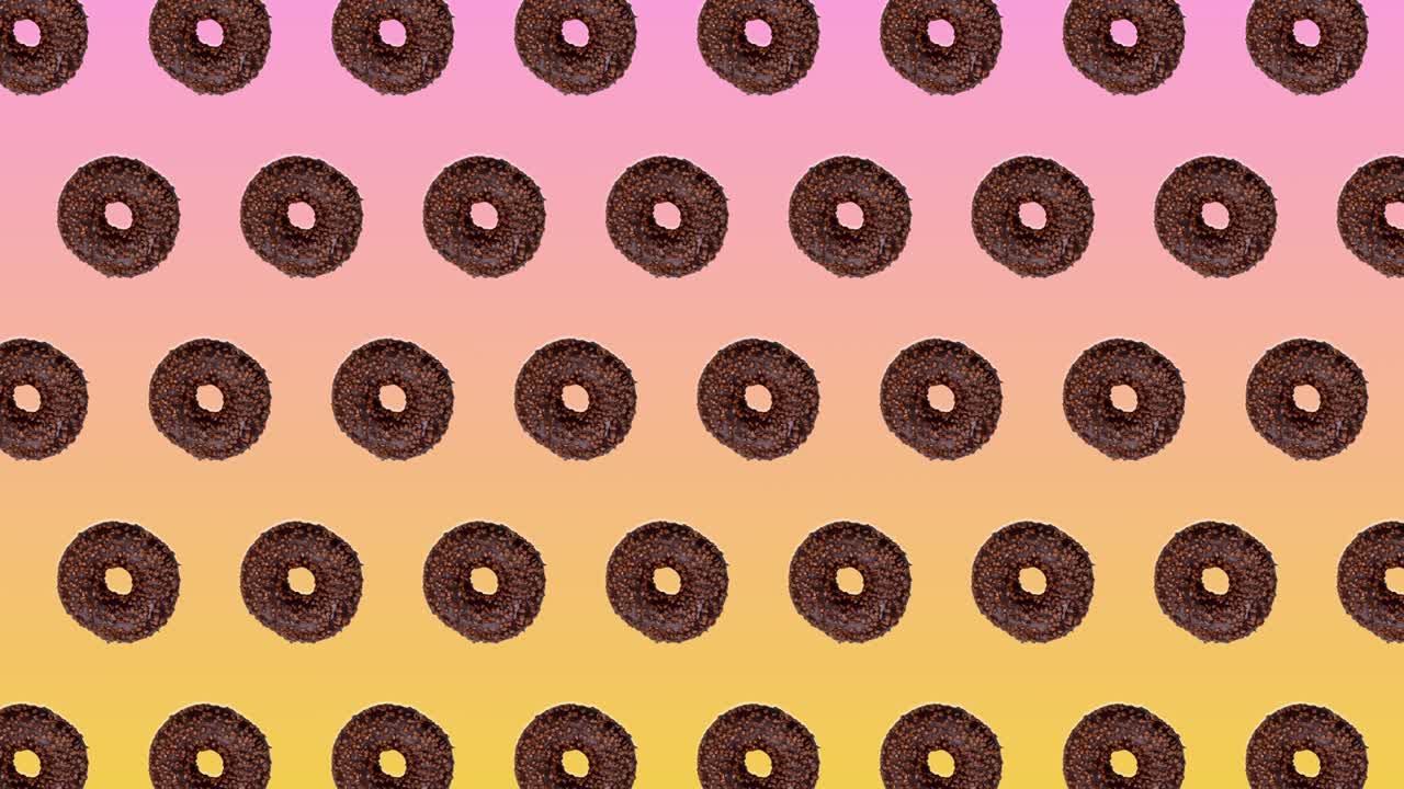 animación abstractamente colorida - rosquillas con chocolate moviéndose hacia el lado en un fondo de gradiente rosa-amarillo - bucle sin costuras. concepto de panadería y comida