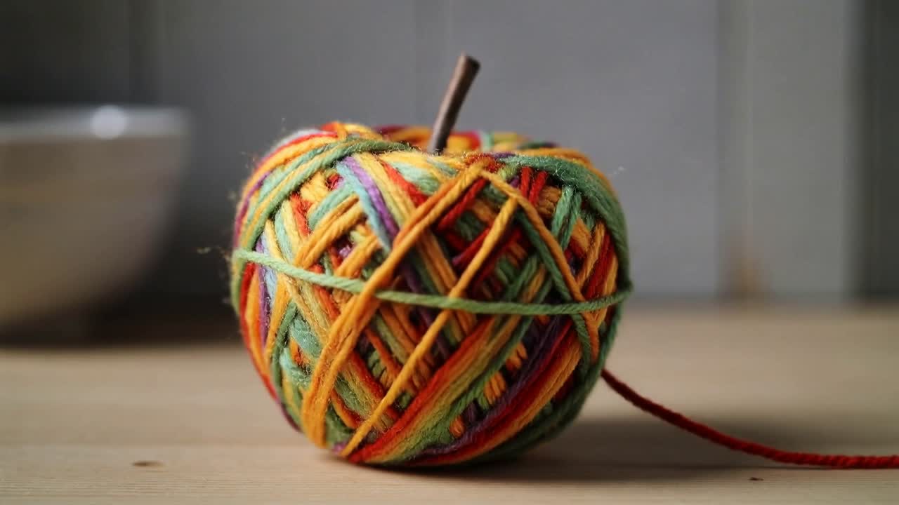 Palla di filato colorata che ruota rivelando il nucleo su un tavolo di legno, un rametto che si inserisce formando la coda di una mela che si allunga