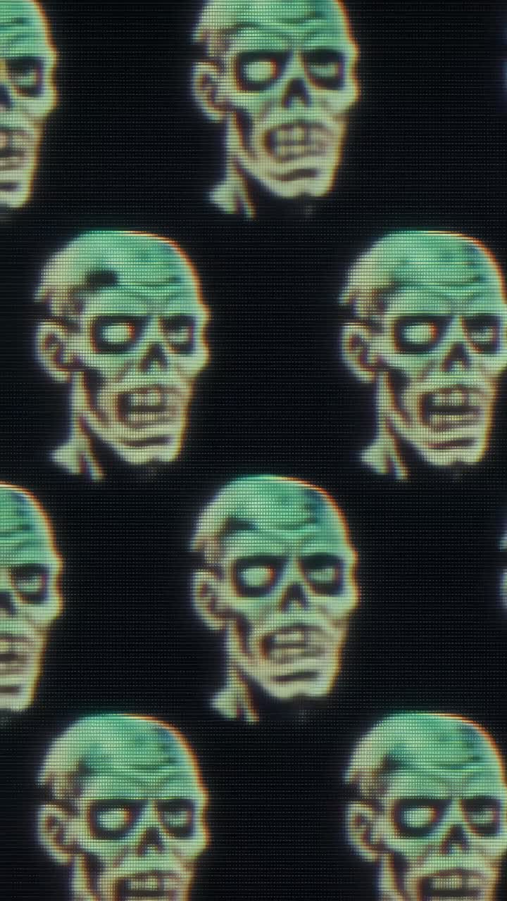 Motivo animato di teste di zombie retrò con effetto glitch