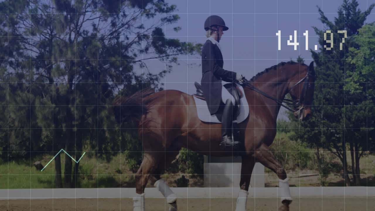 Donna a cavallo nell'arena durante un allenamento di dressage, timeline che aggiorna la sovrapposizione della griglia, punteggio in aumento