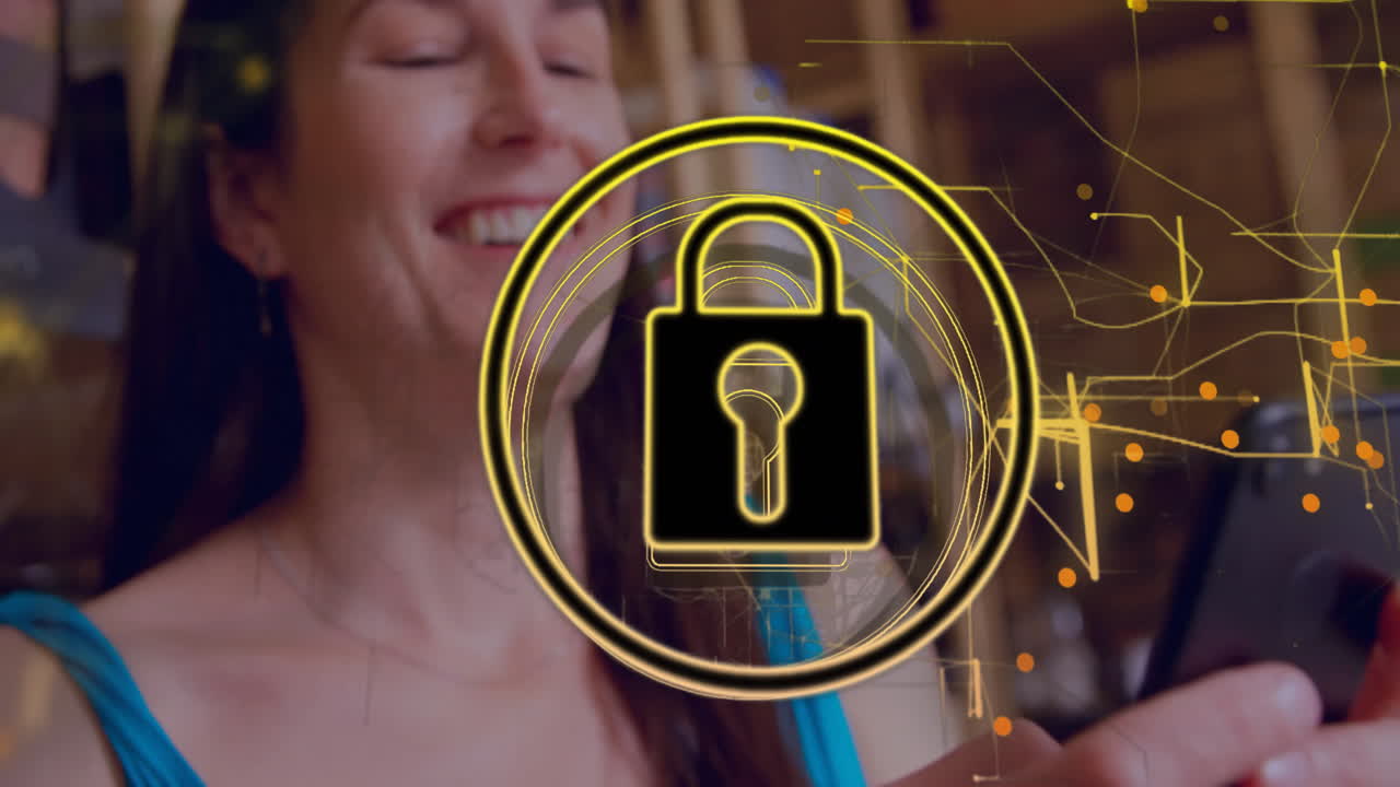 Woman smiling showcasing cybersecurity overlay with golden padlock and circuit lines