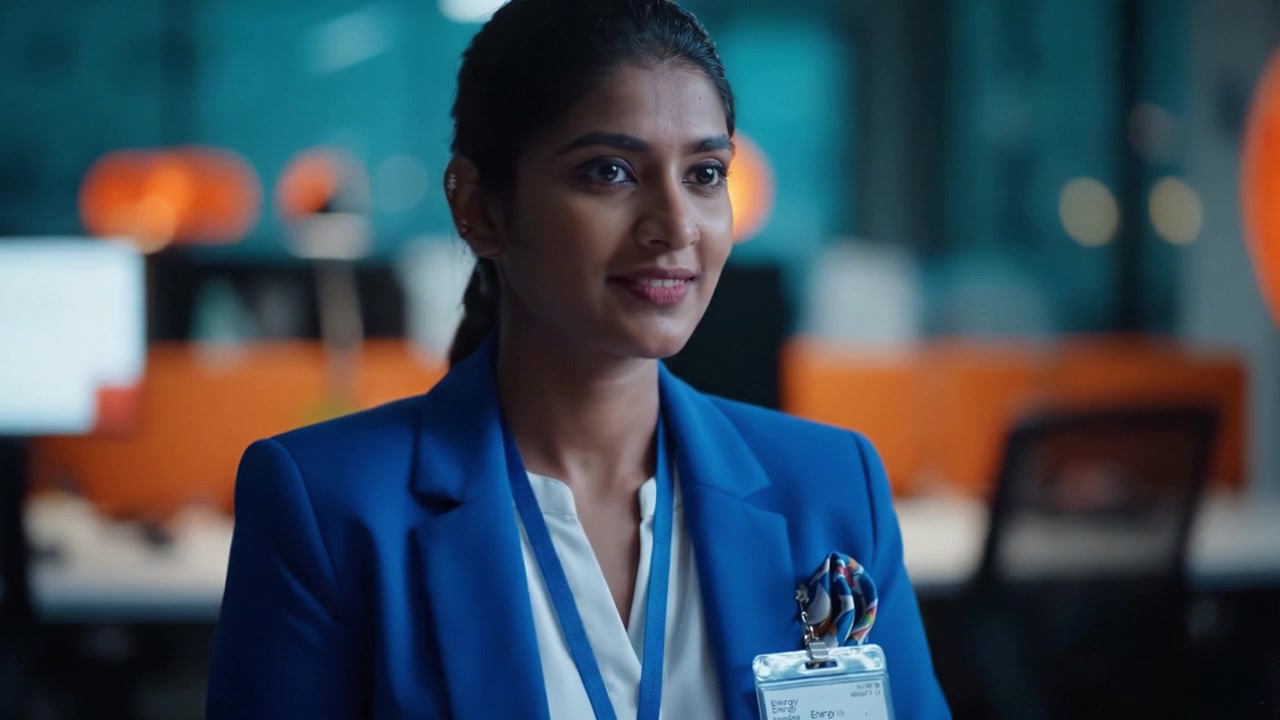A professional woman in a blue blazer engages in conversation, showcasing a confident demeanor in a modern office environment filled with technology and innovation.