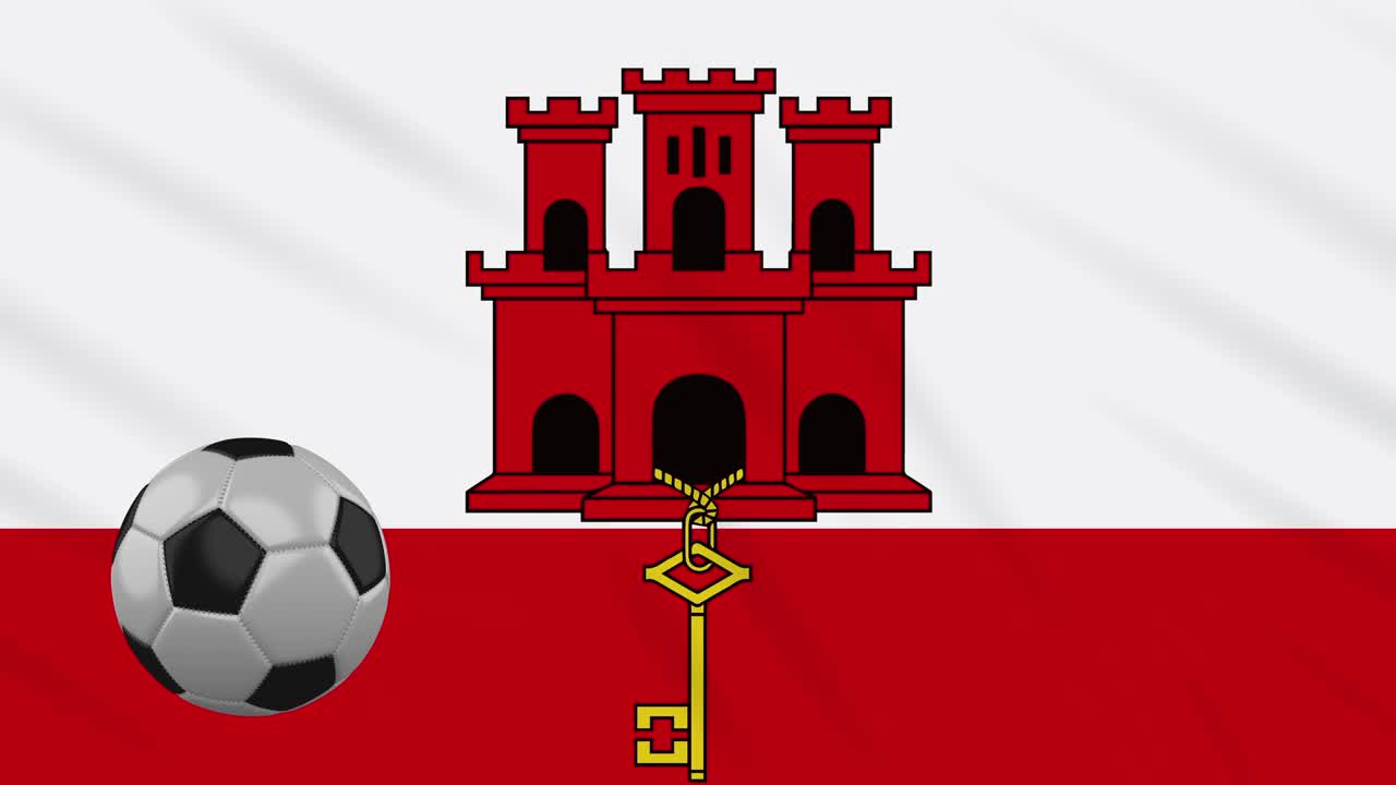 Gibraltar flag waving and football rotates, loop
