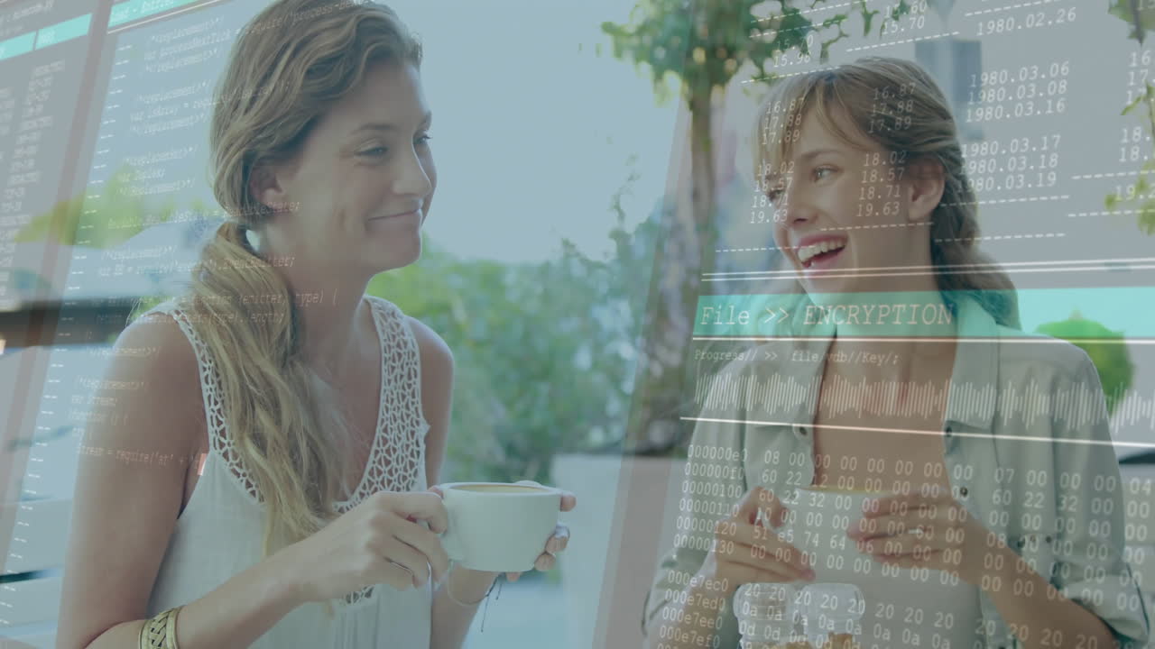 커피를 마시는 백인 여성에 대한 데이터 처리의 애니메이션