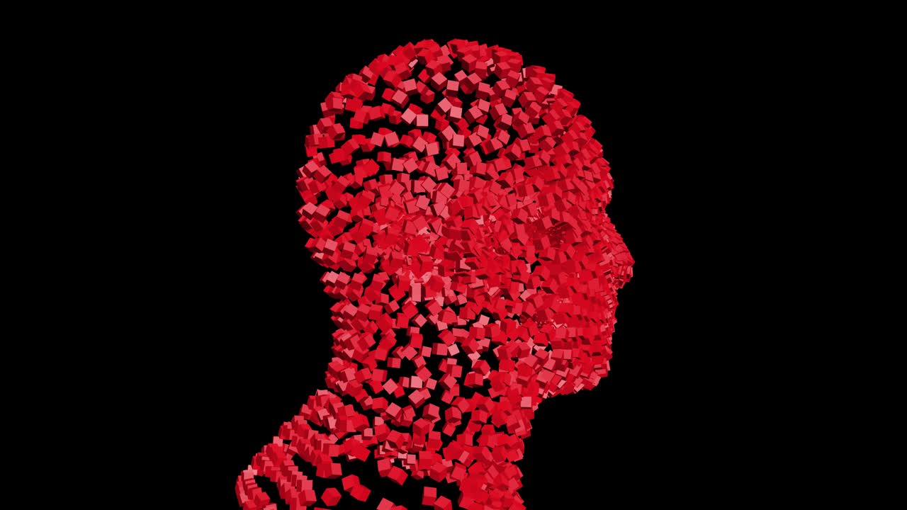 cabeza humana de cubos giratorios transparente de 4k.