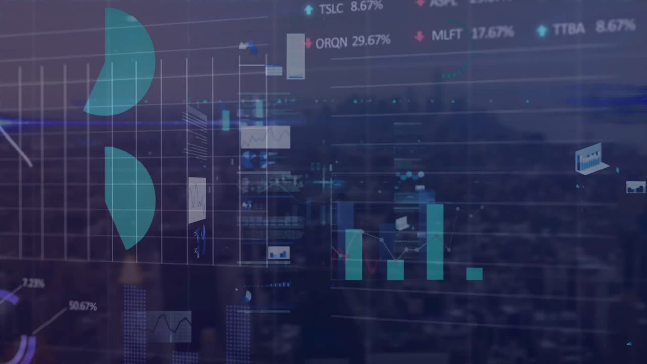 animación de múltiples gráficos y tablero de negociación con círculos de carga sobre la vista aérea de la ciudad.