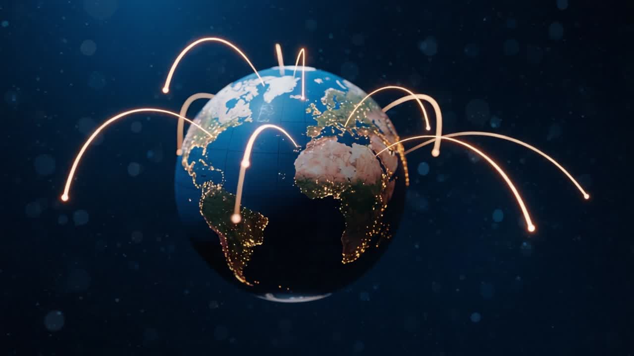 Visualizing Global Connectivity: A Stunning Representation of Earth's Network with Dynamic Lines Connecting Continents and Cities in a Beautifully Lit Sphere