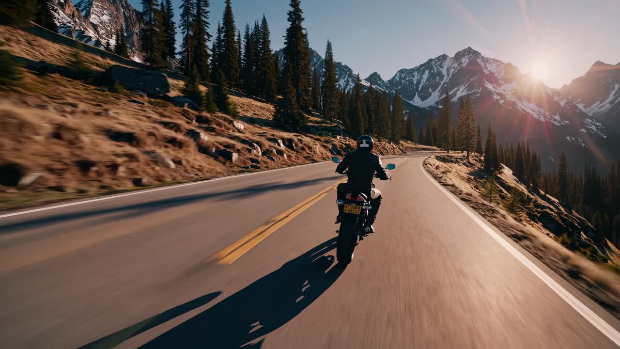 Dynamic video concept of a motorcyclist on a winding mountain road at sunset