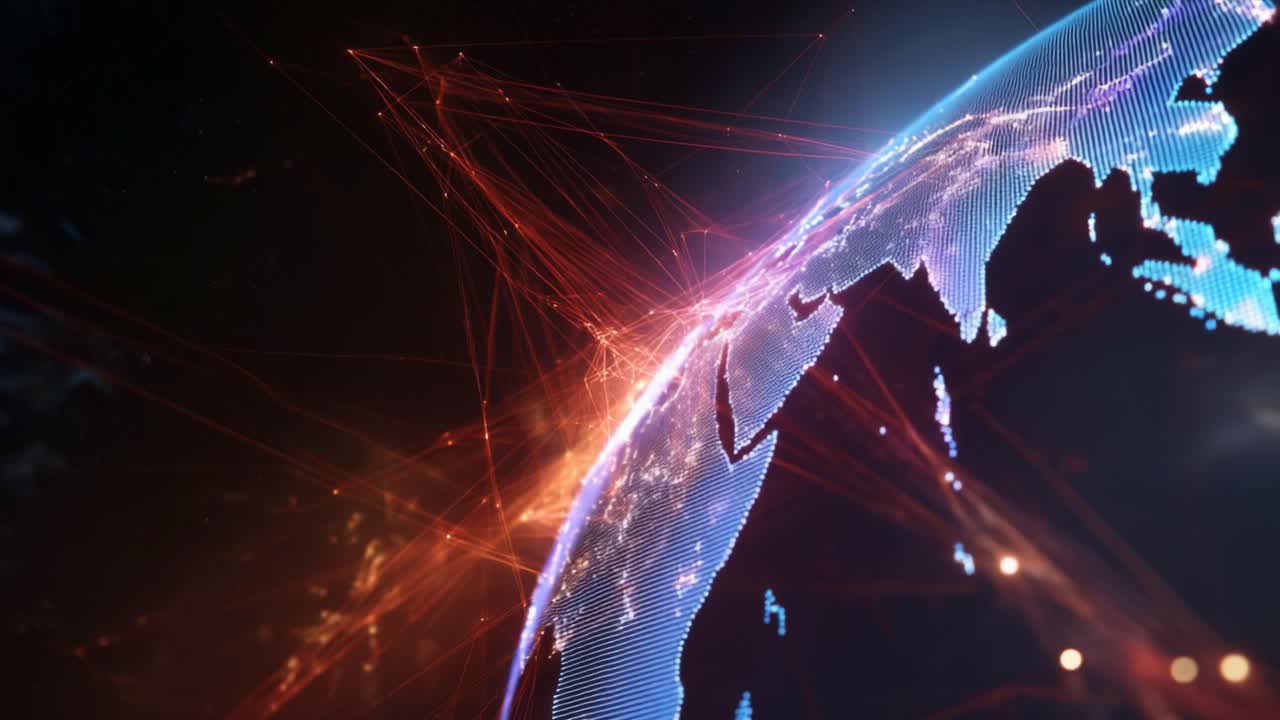 A mesmerizing digital representation of Earth showcasing intricate light connectivity lines over a vibrant, glowing globe, highlighting the complex network of data and communications across continents
