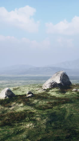 campo de hierba verde con rocas y montañas en el fondo