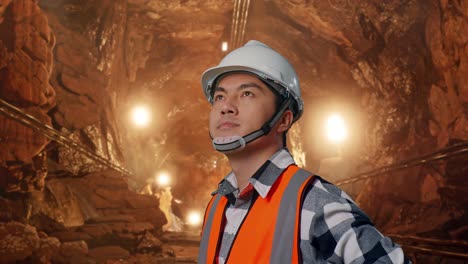 close up side view of asian male engineer wearing safety helmet looking around while standing with arms akimbo in underground mine tunnel