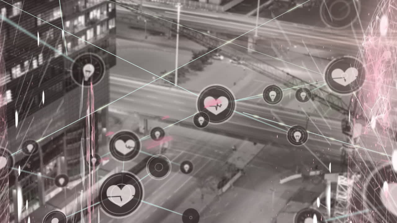 도시 풍경 위의 미디어 아이콘과 연결 네트워크의 애니메이션