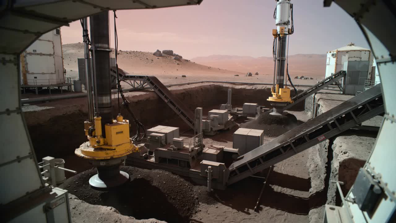 Lowering initially left unit pair robots spinning heads at pit rim belts moving regolith to process