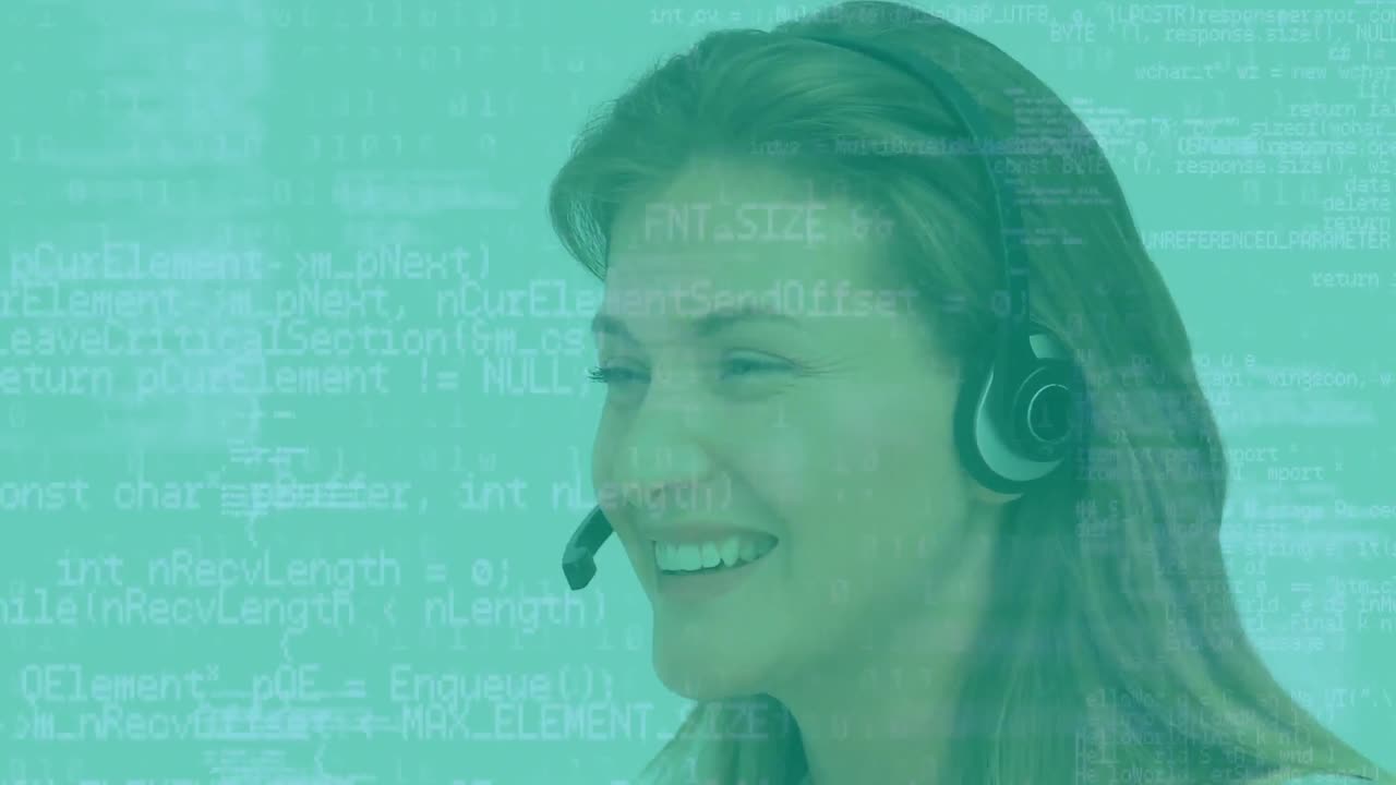 Animation of data processing over caucasian woman using phone headset working in call center