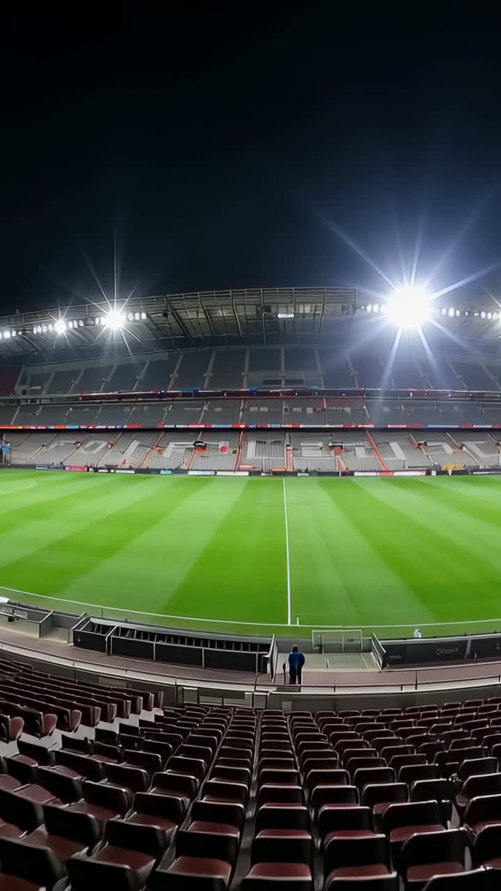 Video verticale: Due membri del personale maschile, uno in testa, che scendono le scale verso il campo da calcio per un controllo.